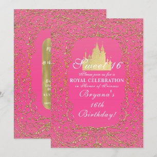 Hot Pink & Gold Royal Castle Princess Sweet 16 Invitation
