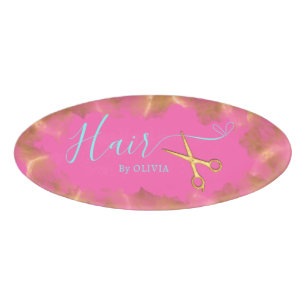 Hot Pink Gold Scissors Hair Cut Beauty Salon Name Tag