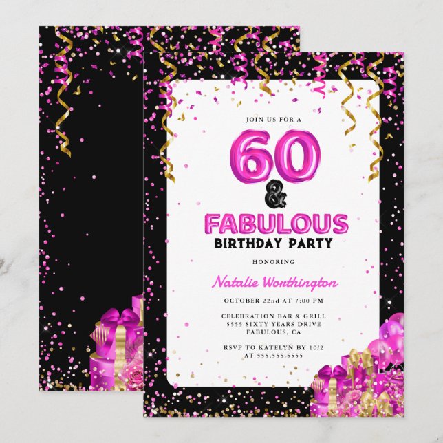 Hot Pink Gold Sixty Fabulous 60th Birthday Invitation (Front/Back)