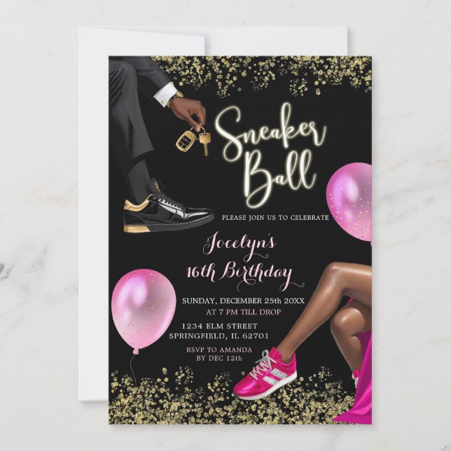 Hot Pink Gold Sneaker Ball Sweet 16th Birthday Invitation (Front)