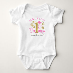 Hot pink gold Snowflakes Baby Girl 1st Christmas  Bodysuit
