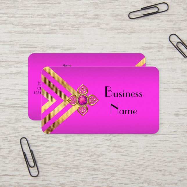 Hot Pink Gold Stripe Deco Business Card (Front/Back In Situ)