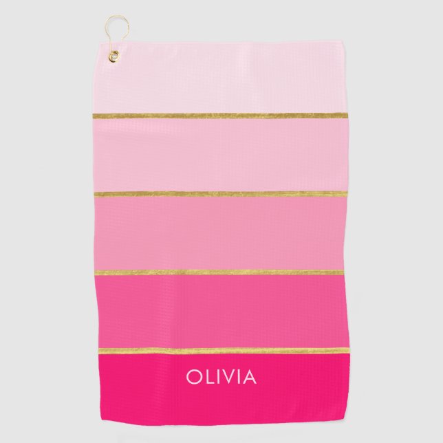 Hot Pink & Gold Striped Ombre Golf Towel (Front)