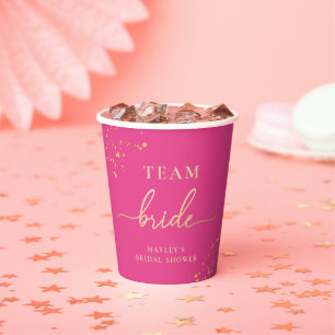 Hot Pink Gold Team Bride Paper Cups