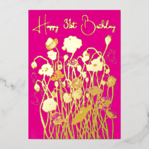 Hot Pink-Gold Wild Poppy Watercolor aged Birthday Foil Holiday Card