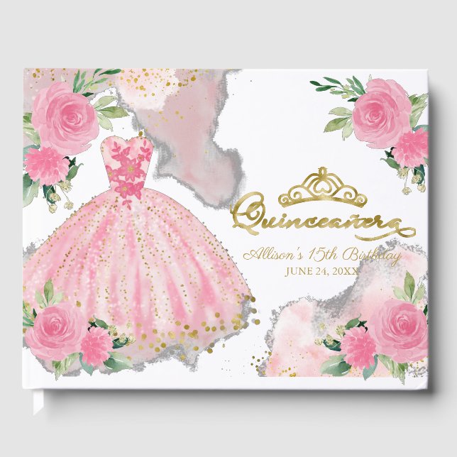 Hot Pink Gown Floral Quinceanera Guest Book (Front)