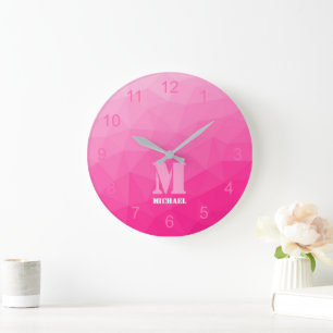 Hot pink Gradient geometry Mesh Pattern Monogram Large Clock