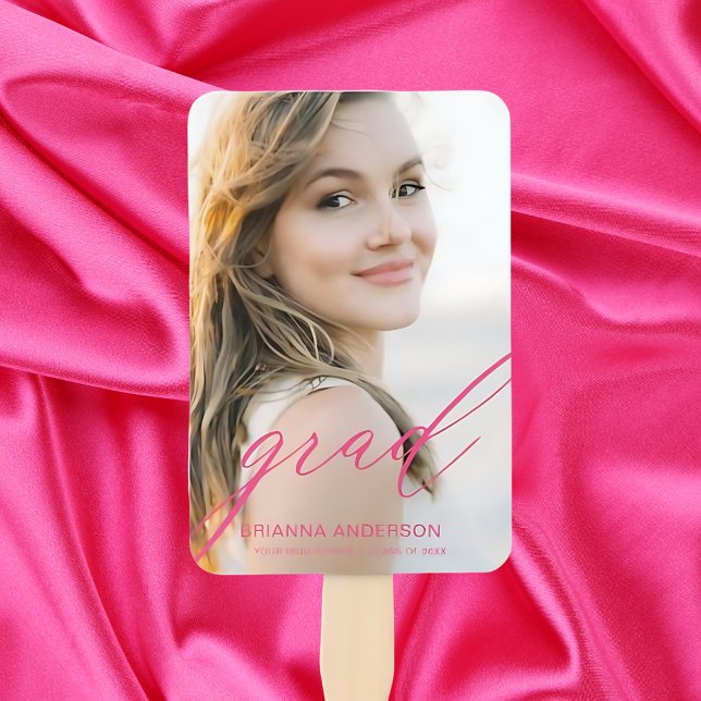 Hot Pink Graduate Modern Script Minimalist Photo Hand Fan (Creator Uploaded)