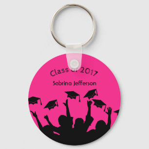 Hot Pink Graduation Cap and Gown Cap Toss Keychain