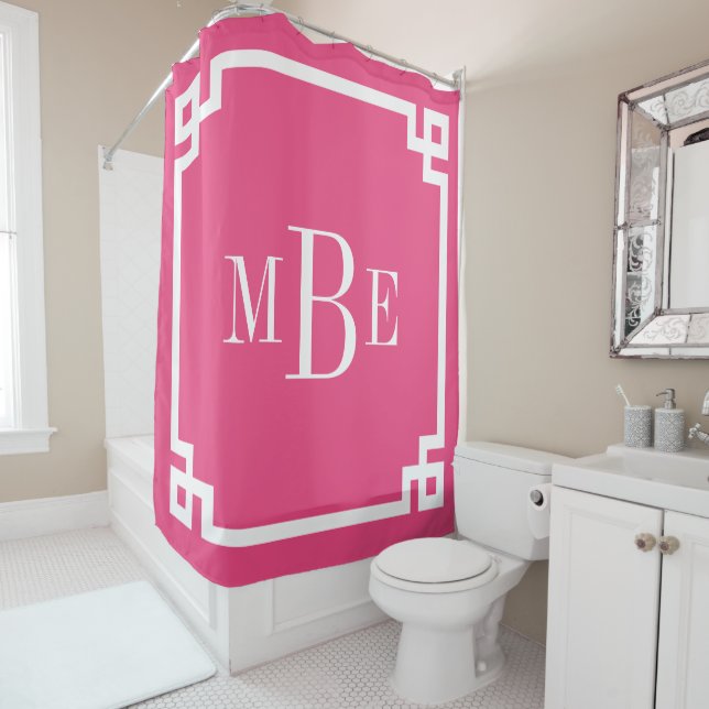Hot Pink Greek Key Border Monogram Shower Curtain (In Situ)