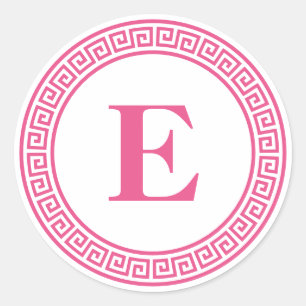 Hot Pink Greek Key Border Monogram Stationery Classic Round Sticker