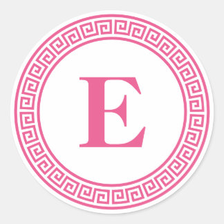 Hot Pink Greek Key Border Monogram Stationery Classic Round Sticker