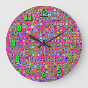 Hot Pink, Green And Purple Funky Tiles Pattern Large Clock