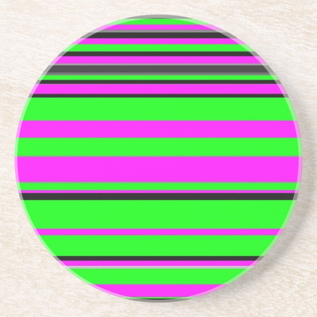 Hot Pink Green Black Colourful Stripe Pattern Coaster (Front)
