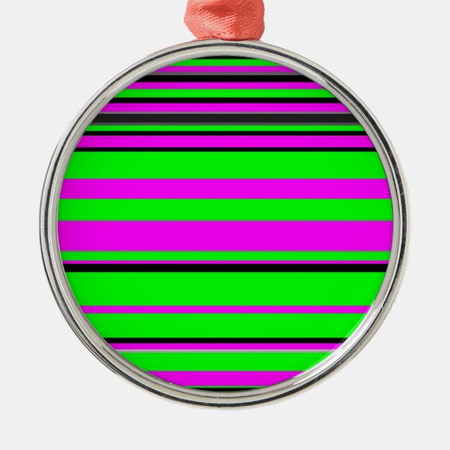 Hot Pink Green Black Colourful Stripe Pattern Metal Tree Decoration (Front)