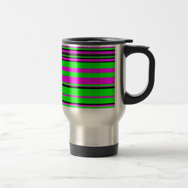 Hot Pink Green Black Colourful Stripe Pattern Travel Mug (Right)