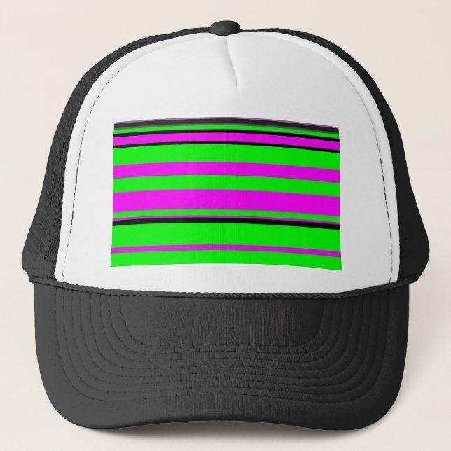 Hot Pink Green Black Colourful Stripe Pattern Trucker Hat (Front)