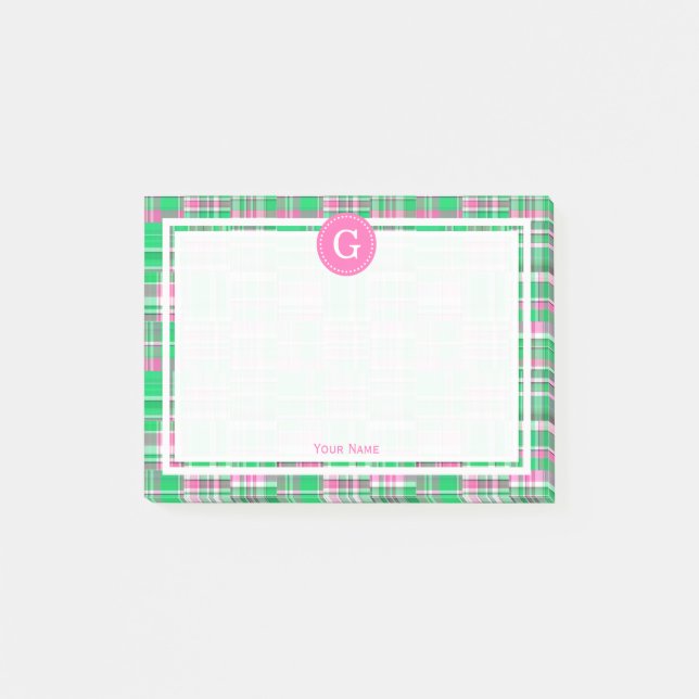 Hot Pink Green Patchwork Madras Plaid 1IR Framed Post-it Notes (Front)