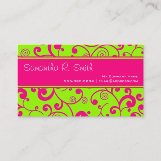 Hot Pink & Green Scroll Stripe Minimal Info Design Business Card (Front)