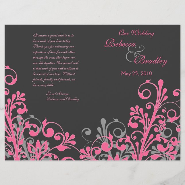 Hot Pink & Grey Abstract Floral Wedding Program (Front)