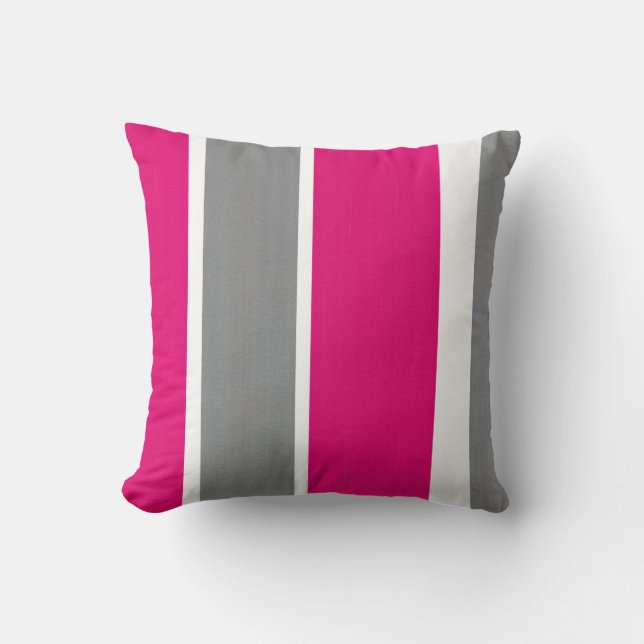 Hot Pink Grey and White Stripes Modern Cushion (Front)
