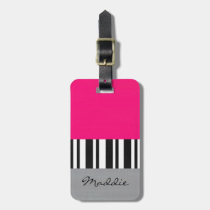 Hot Pink Grey Black and White Striped Block   Luggage Tag