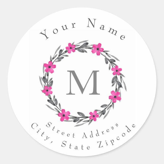 'Hot Pink Grey Black Floral Wreath' Labels (Front)