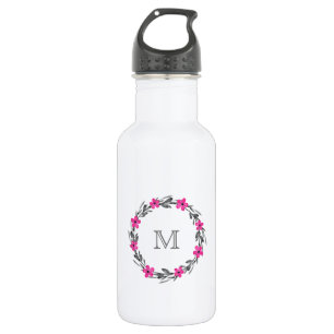 Hot Pink Grey Black Watercolor Floral Wreath 532 Ml Water Bottle