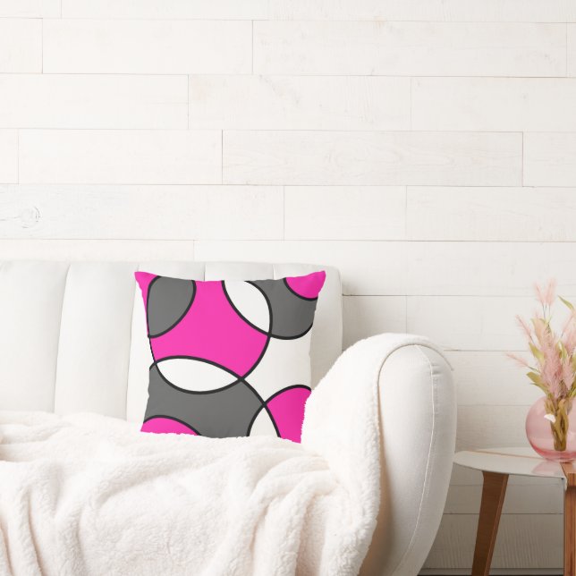 Hot Pink Grey Black White Abstract Circles  Cushion (Couch)