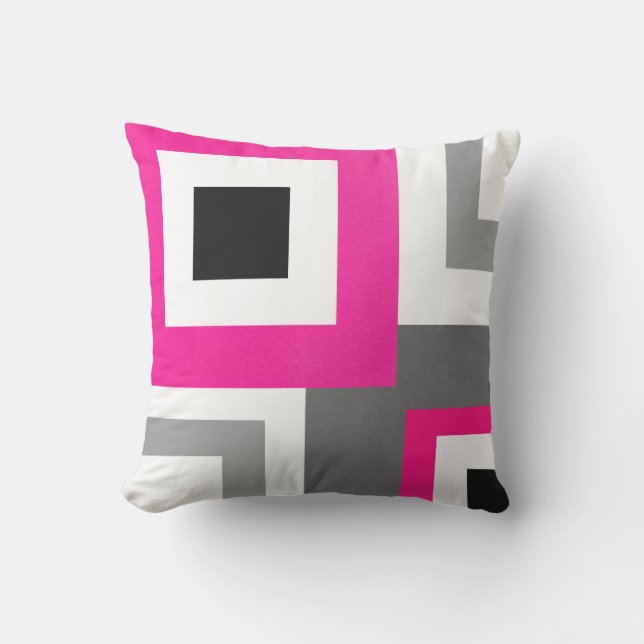Hot Pink Grey Black White Geometric Squares Cushion (Front)