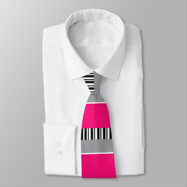Hot Pink Grey Black White Striped Block Pattern Tie (Tied)