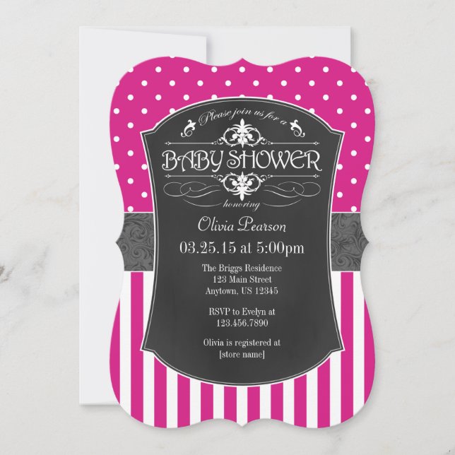 Hot Pink Grey Chalkboard Stripes Baby Shower Invitation (Front)