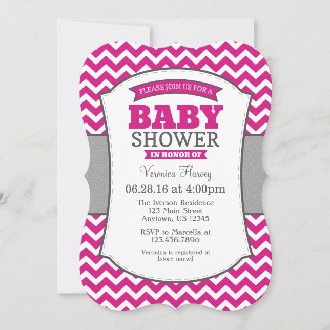 Hot Pink Grey Chevron Baby Shower Invitation (Front)