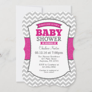 Hot Pink Grey Chevron Baby Shower Invitation