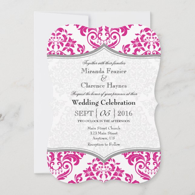 Hot Pink Grey Damask Bracket Wedding Invite (Front)