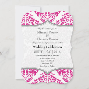 Hot Pink Grey Damask Bracket Wedding Invite