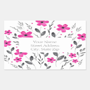 Hot Pink, Grey Five Petal Watercolor Flower Motif Rectangular Sticker