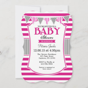 Hot Pink Grey Stripes Baby Shower Invitation