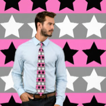 Hot Pink, Grey, White & Black Striped Tie w/ Stars