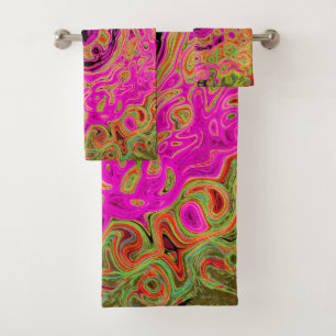 Hot Pink Groovy Abstract Retro Liquid Swirl Bath Towel Set
