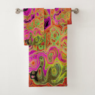 Hot Pink Groovy Abstract Retro Liquid Swirl Bath Towel Set