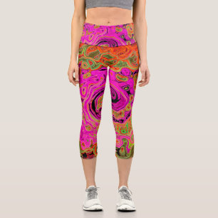 Hot Pink Groovy Abstract Retro Liquid Swirl Capri Leggings