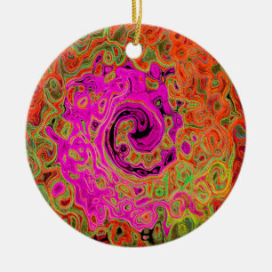Hot Pink Groovy Abstract Retro Liquid Swirl Ceramic Tree Decoration