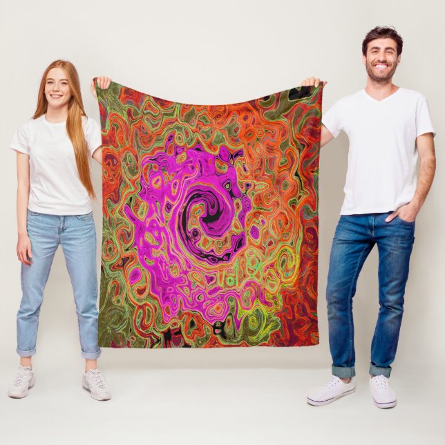 Hot Pink Groovy Abstract Retro Liquid Swirl Fleece Blanket (In Situ)