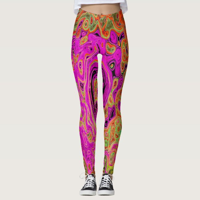 Hot Pink Groovy Abstract Retro Liquid Swirl Leggings (Front)