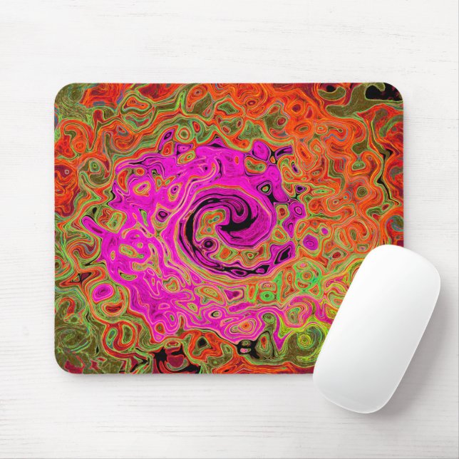 Hot Pink Groovy Abstract Retro Liquid Swirl Mouse Mat (With Mouse)