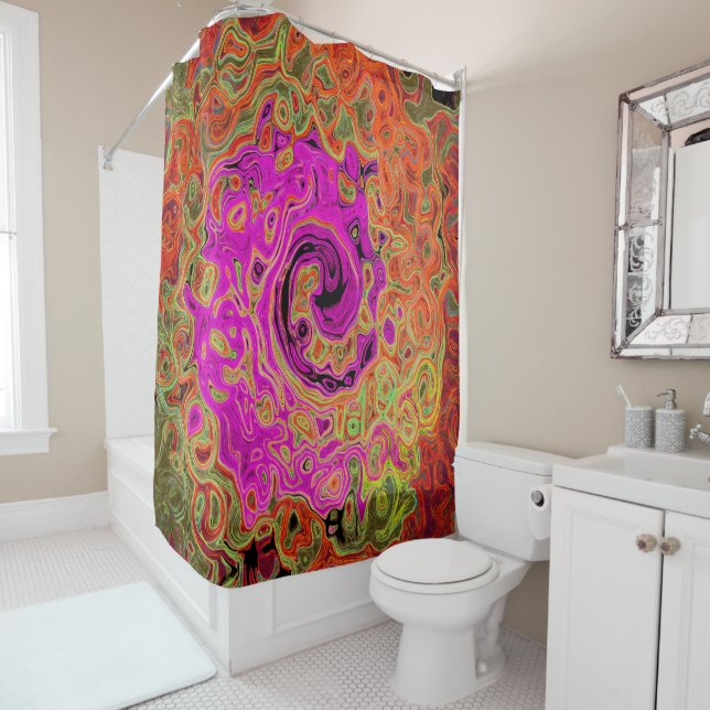 Hot Pink Groovy Abstract Retro Liquid Swirl Shower Curtain (In Situ)