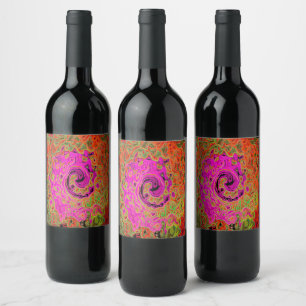 Hot Pink Groovy Abstract Retro Liquid Swirl Wine Label