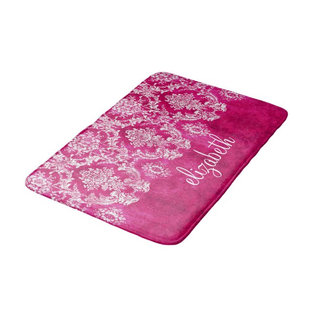 Hot Pink Grunge Damask Pattern Custom Monogram Bath Mat (Angled)