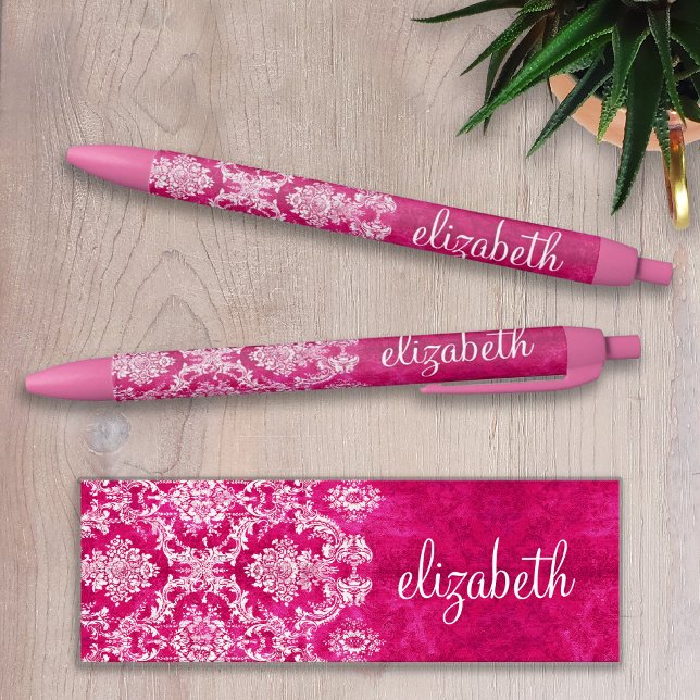 Hot Pink Grunge Damask Pattern Custom Monogram Black Ink Pen (Creator Uploaded)